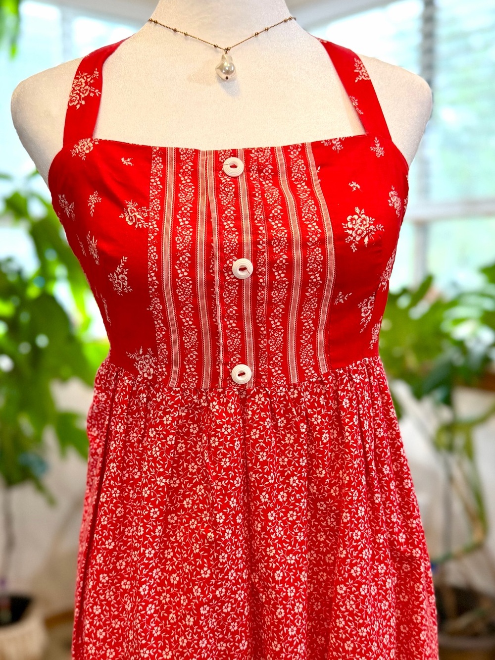 VTG 100% Cotton Union Tag Red/White Boho Cottagecore Midi Sundress S M sz 7-8 - Picture 2 of 10